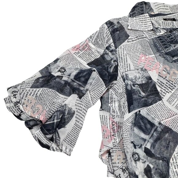Why Dress Flowy Top Sz.L Newspaper Print Novelty Longline Ruffle 90s Maximalist - Picture 8 of 12